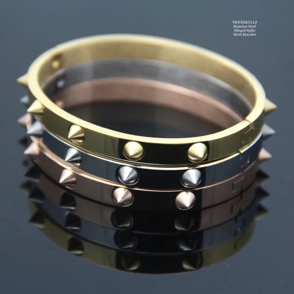 Rivet Spiked Stainless Steel Spikes Hinged Cuff Bracelet Retro Glam Punk Gothic - Picture 4 of 9